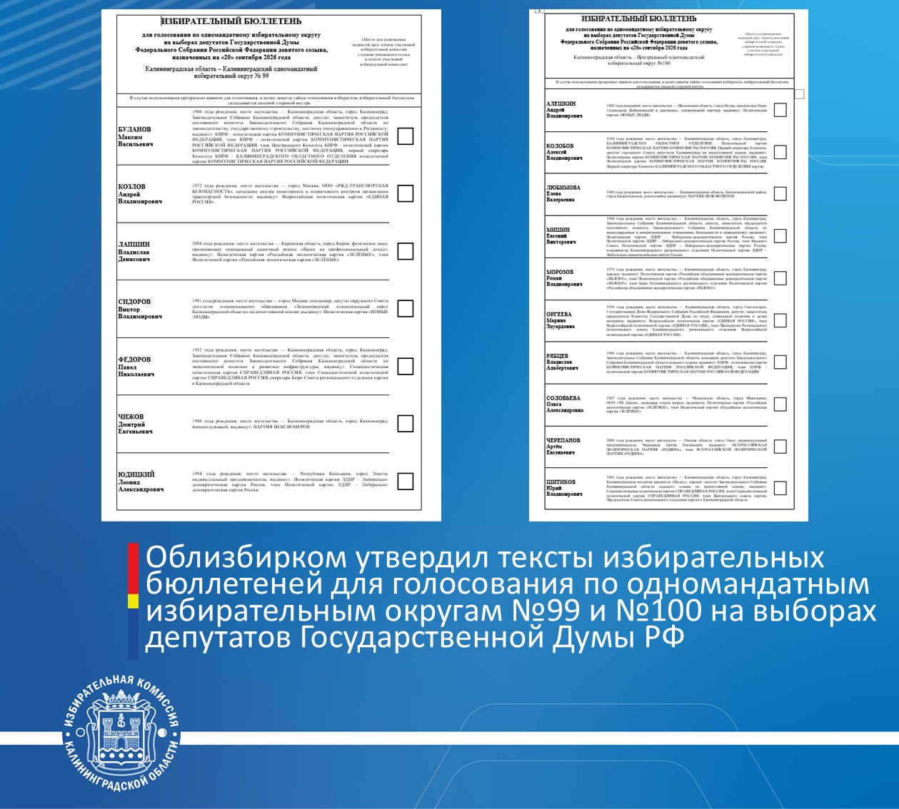 Облизбирком утвердил тексты избирательных бюллетеней для голосования по одномандатным избирательным округам №99 и №100 на выборах депутатов Государственной Думы РФ